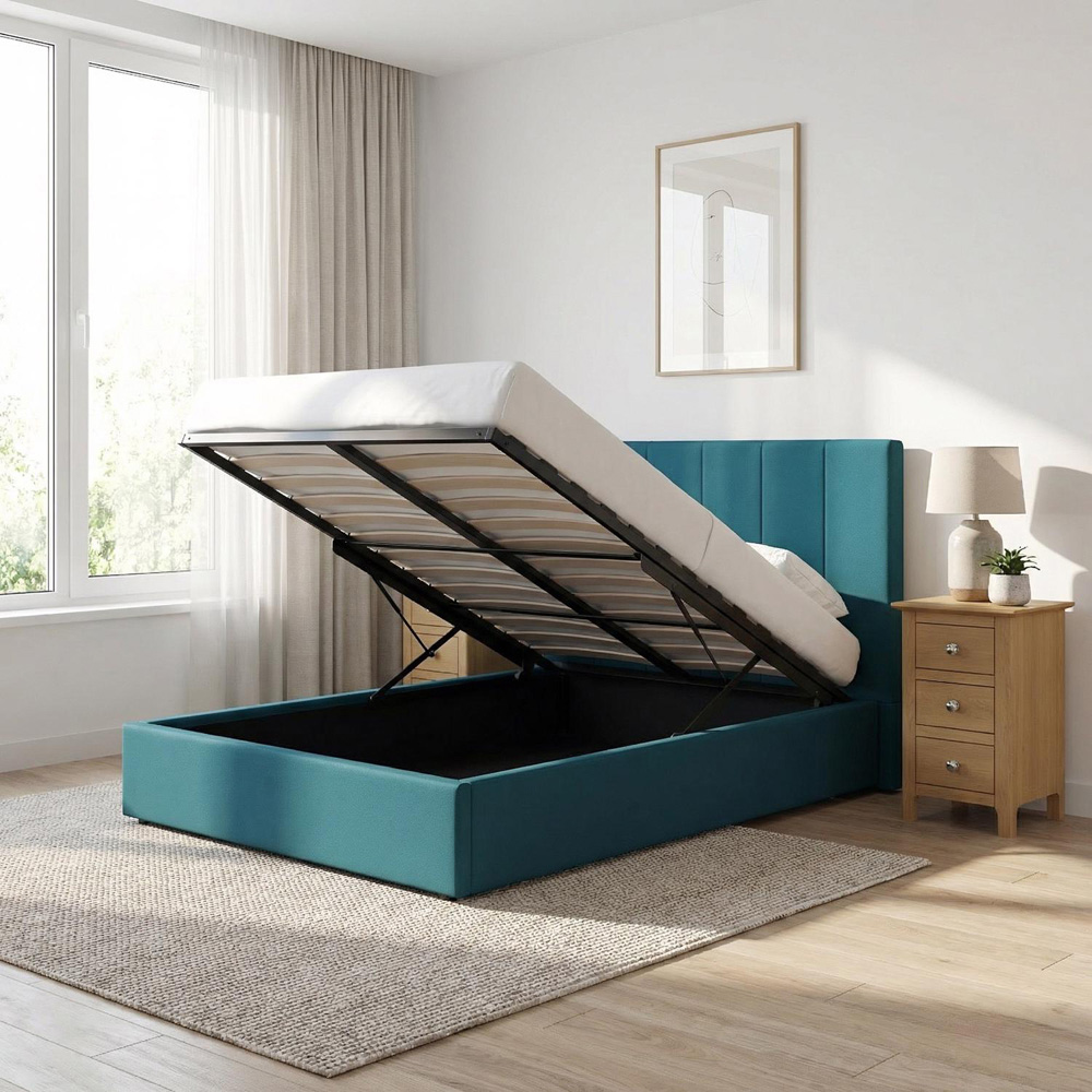 FWStyle Hoscar Double Dolphin Blue Upholstered Lift-Up Ottoman Bed Frame with Ribbed Headboard Image 2