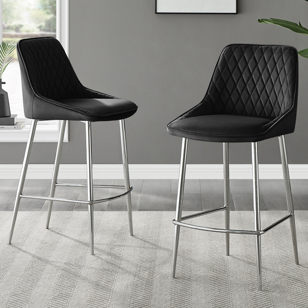 Furniturebox Thatcher Black and Silver Velvet Bar Stool Set of 2 Image 1
