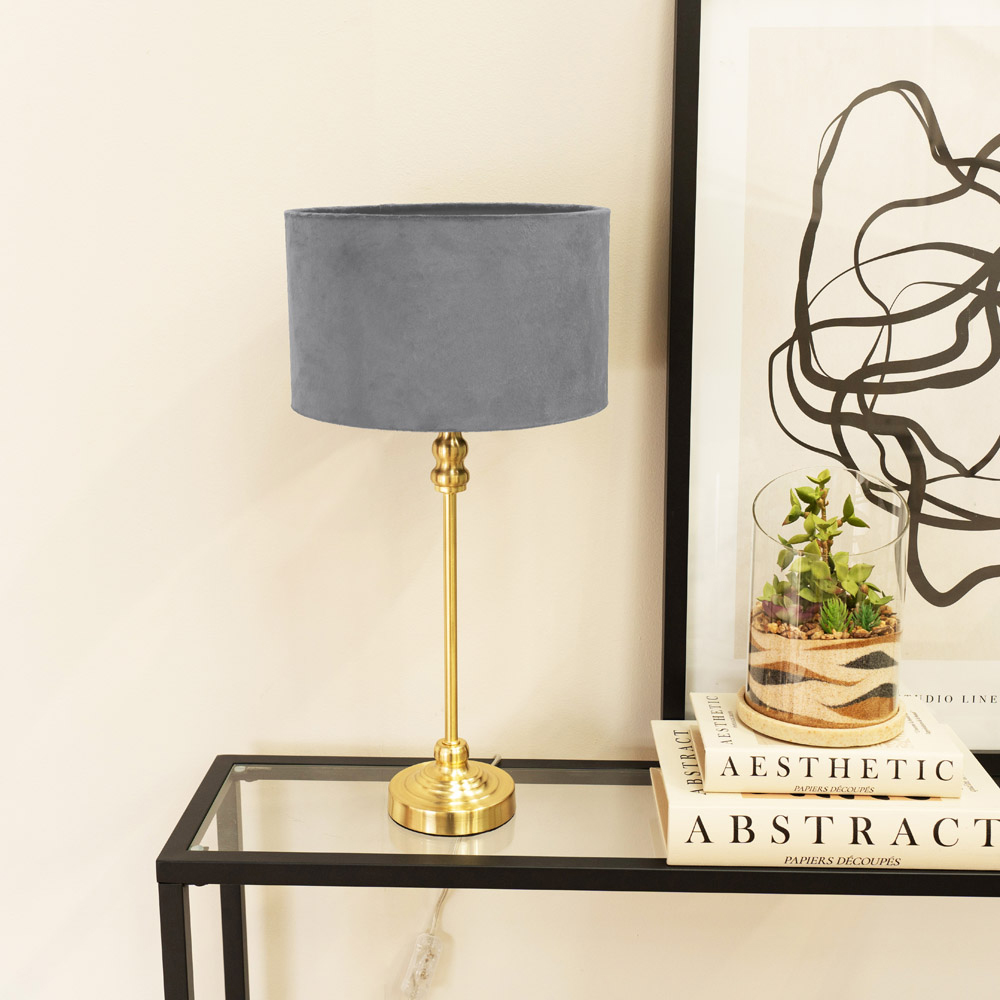 ValueLights Maggie Grey Velvet and Gold Drum Shade Candlestick LED Table Lamp Image 3