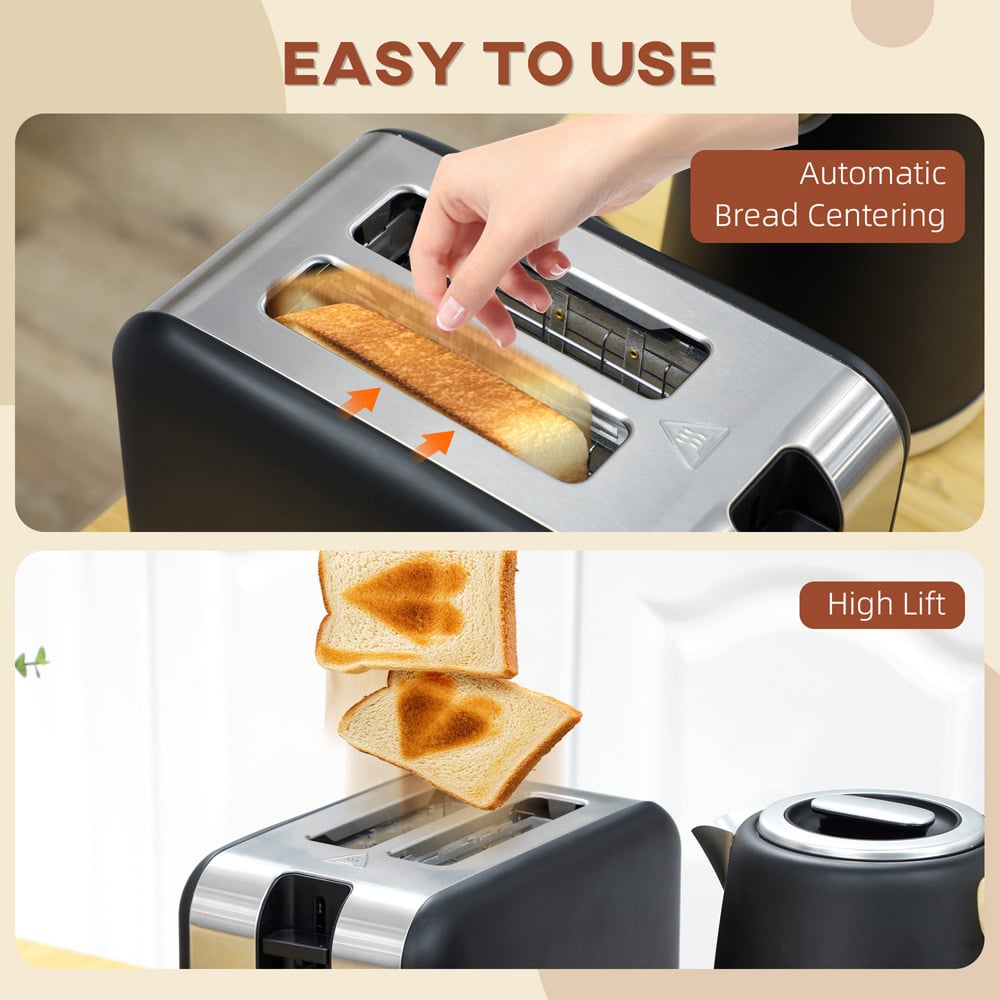 HOMCOM 800-234V70BK Black 1.7L Electric Fast Boil Kettle and 2 Slice Toaster Set Image 6