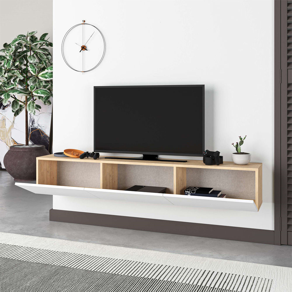 Decortie Francy Oak and White TV Stand with Storage Cabinet Image 4