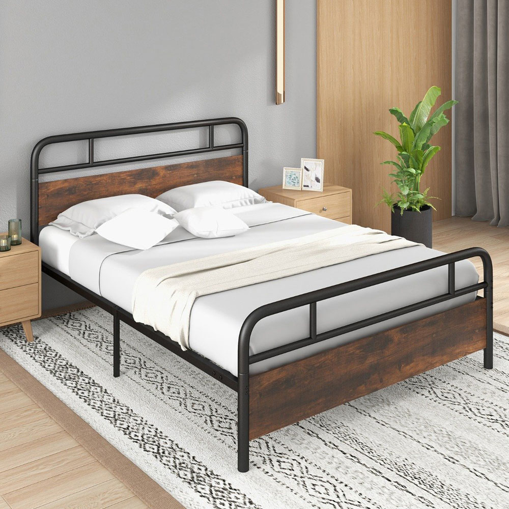 Costway King Size Rustic Brown and Black Bed Frame Image 1