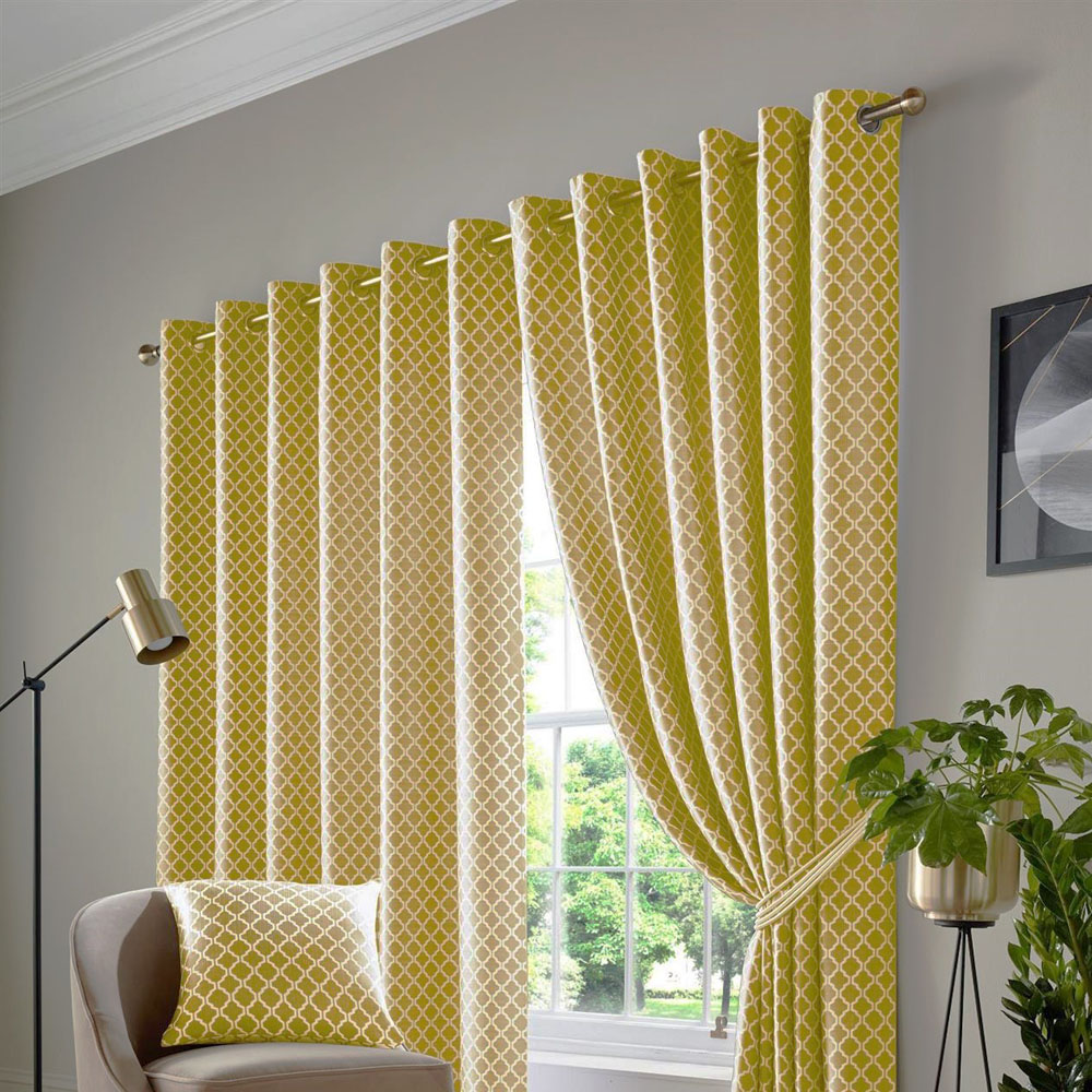 Alan Symonds Wold Ochre and White Ring Top Eyelet Curtains 117cm x 228cm Image 1