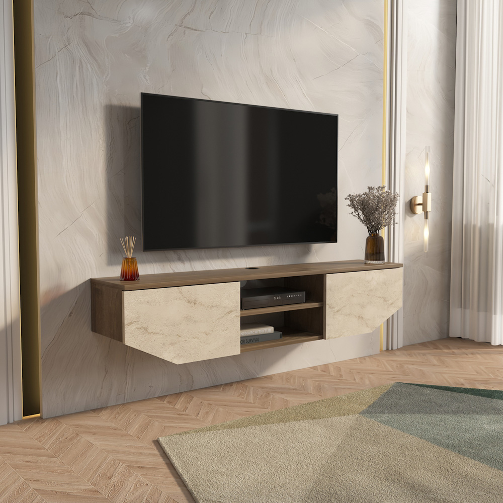 Decorotika Hera 2 Door 2 Shelf Walnut Travertine Wall Mounted TV Unit Image 4