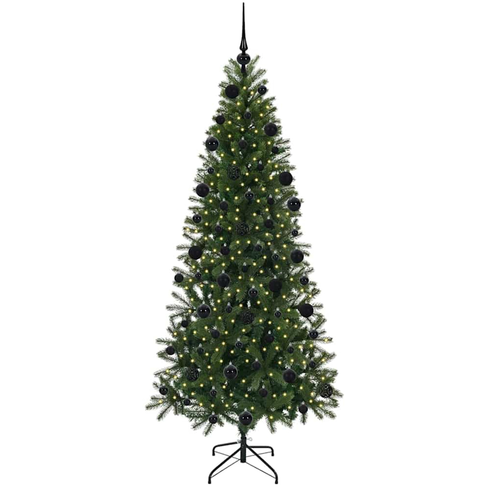vidaXL Pre-Lit Black Baubles Green Artificial Christmas Tree 7ft Image 1