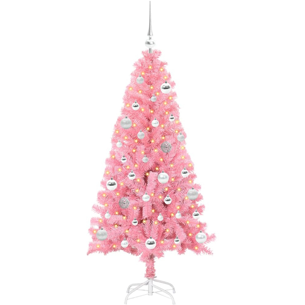 vidaXL Pre-Lit Silver Baubles Pink Artificial Christmas Tree 5ft Image 1