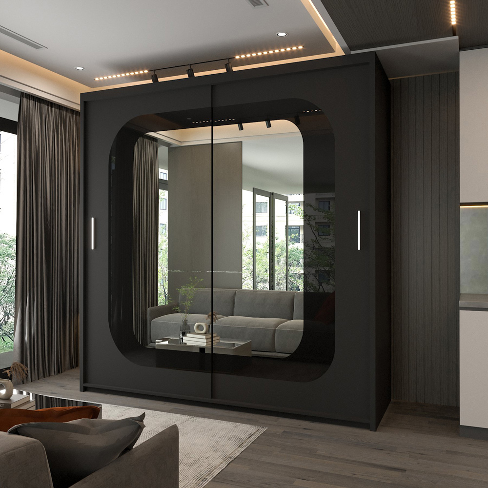 Modern Sliding Wardrobe with Central Mirror, Adjustable Shelves and Hanging Rails (Black 203cm) Image 3