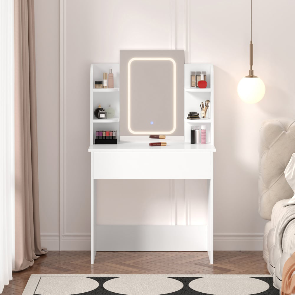 FurnitureHMD Single Drawer 4 Shelf White Wooden Dressing Table with Adjustable LED Mirror Image 7