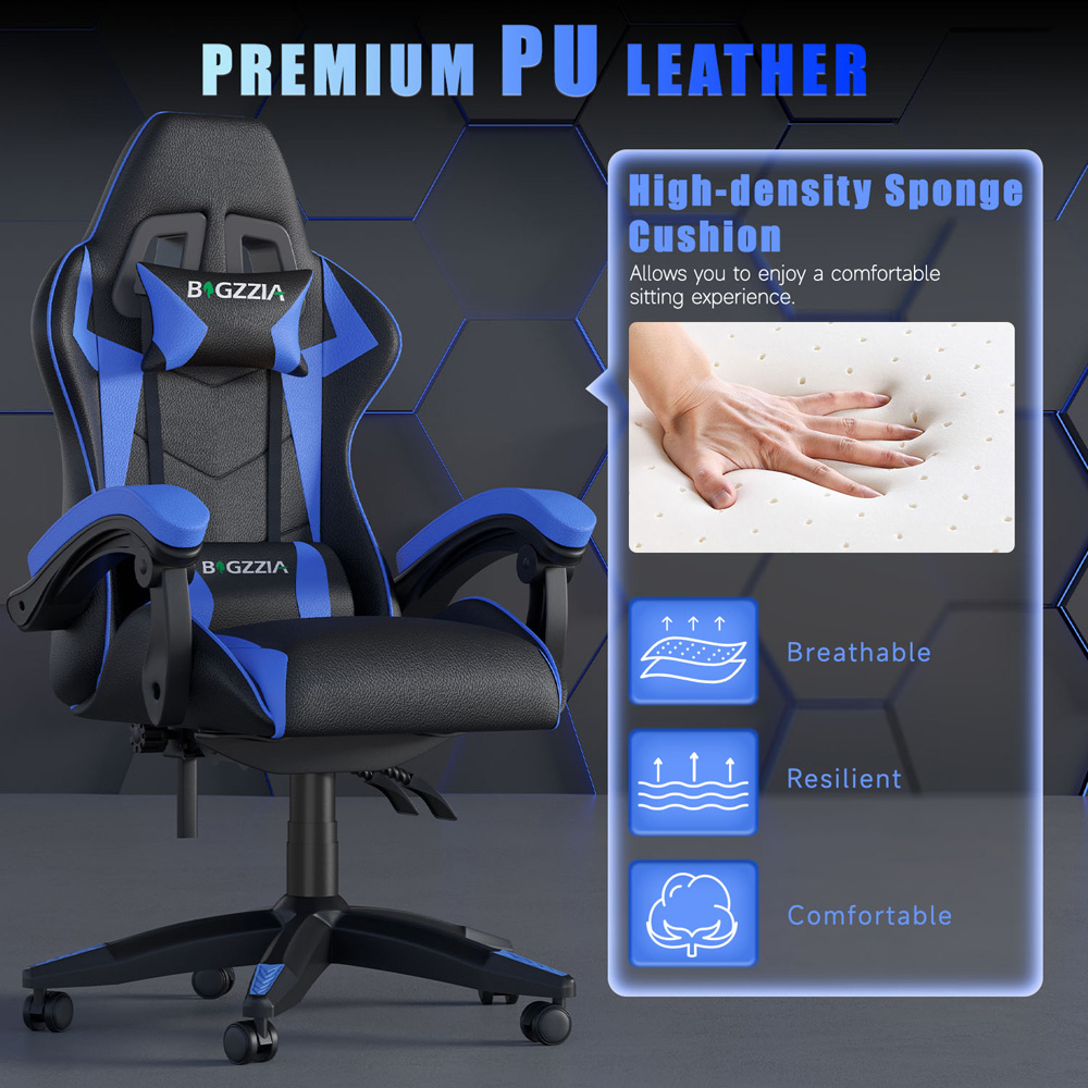 Rattrix Blue PU Leather Reclining High Back Gaming Chair with Headrest and Lumbar Support Image 6
