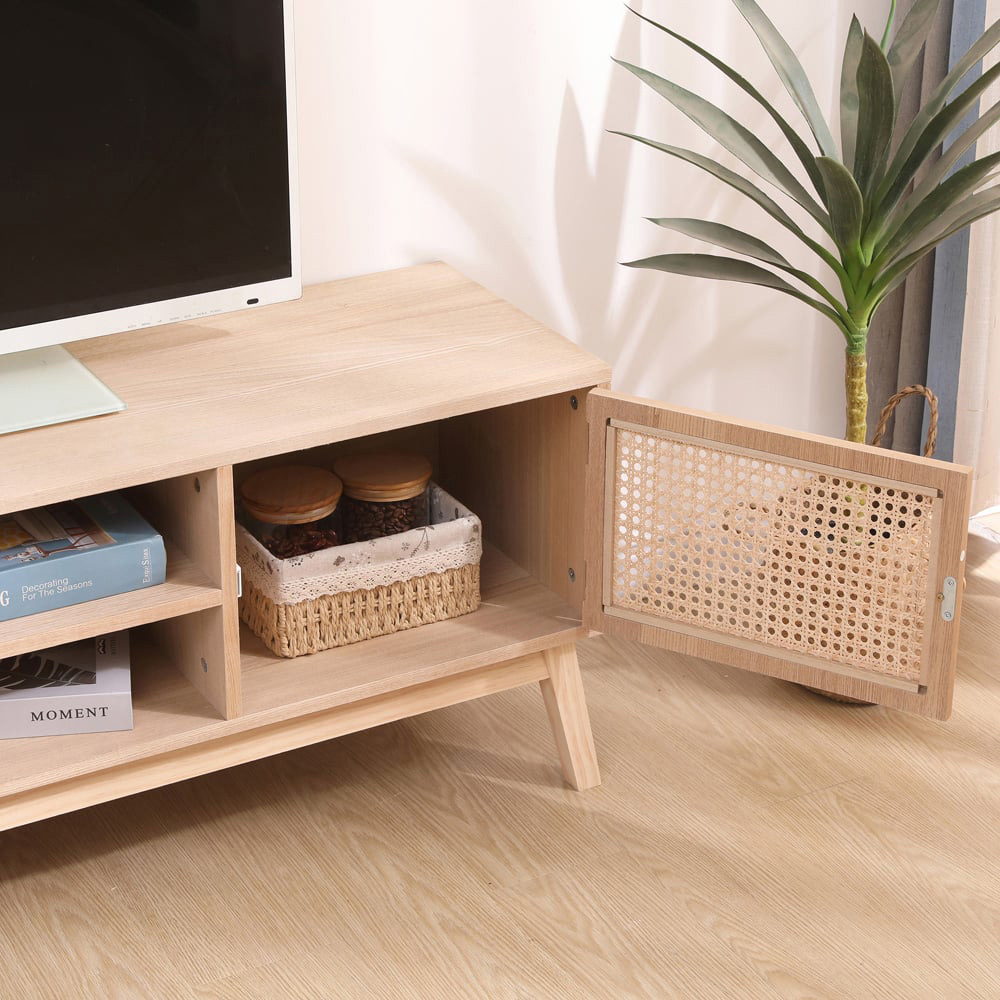 FurnitureHMD 2 Door 2 Shelf Rattan Weaving TV Unit with Pine Wood Legs Image 7