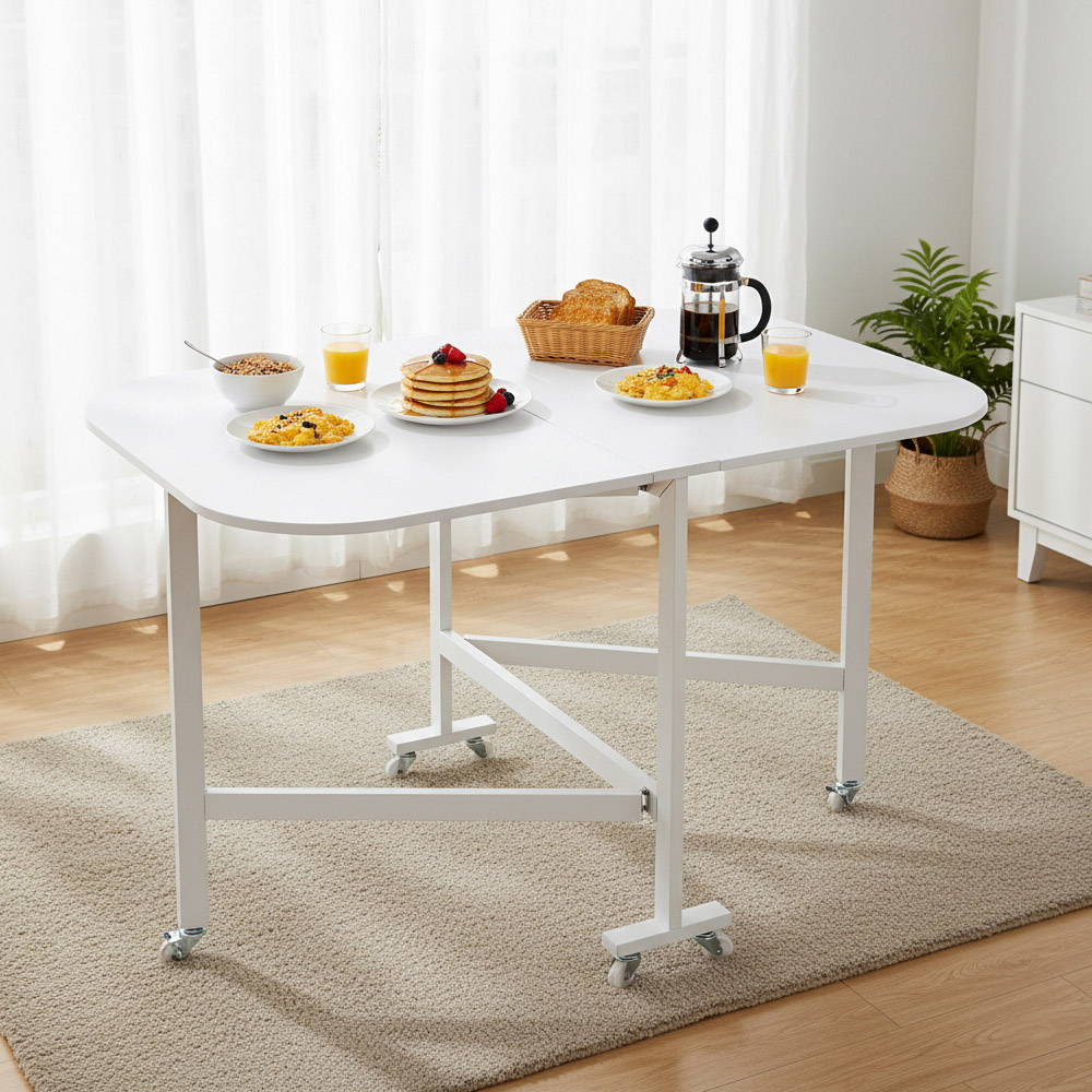 Living and Home 4 Seater White Folding Drop Leaf Table with Wheel Image 8