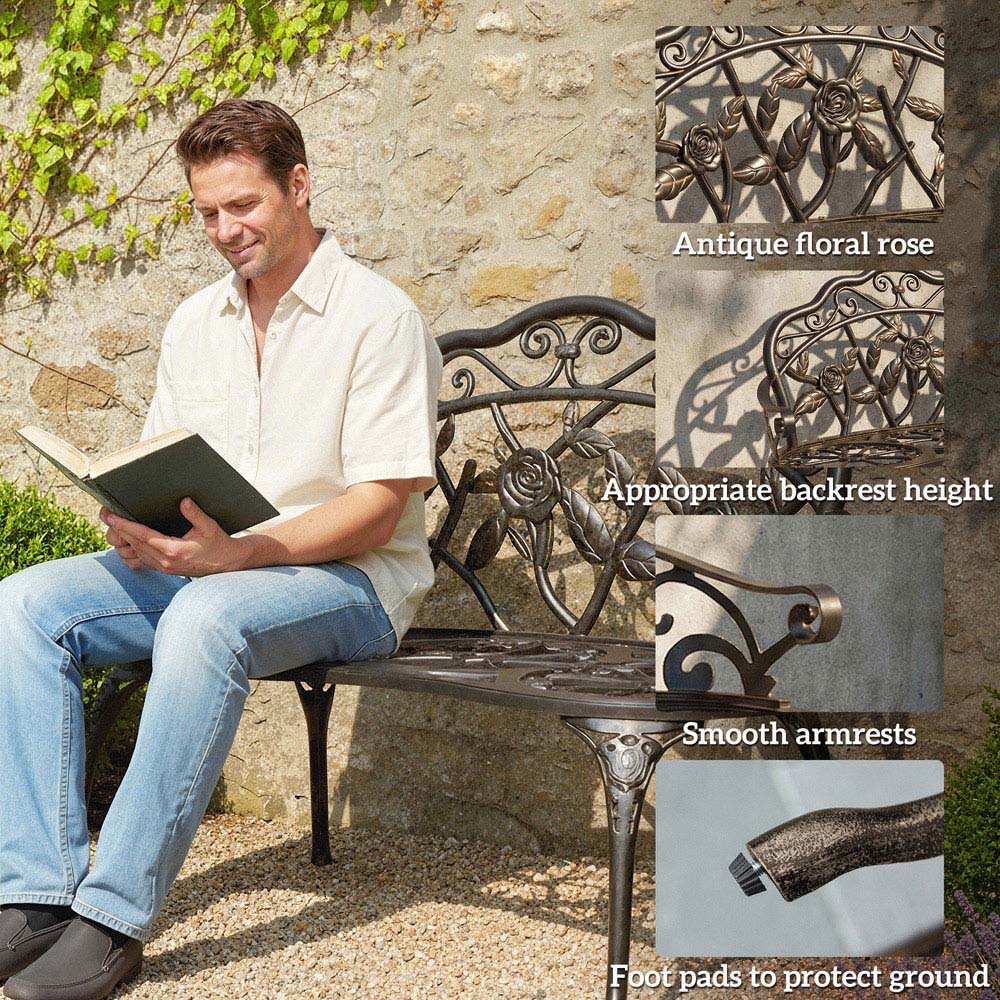 Outsunny 2 Seater Brown Vintage Rose Style Cast Aluminium Garden Bench Image 4