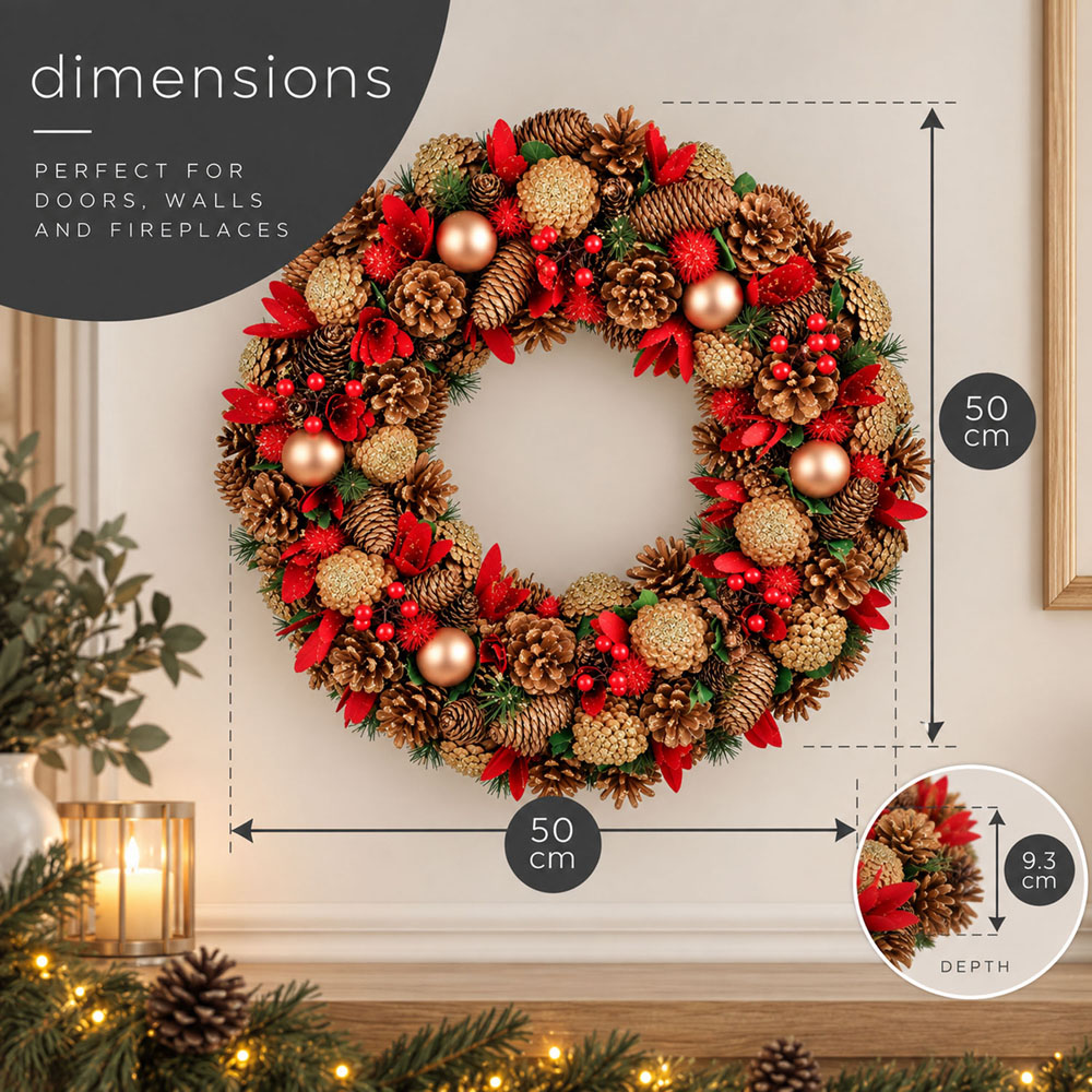 Neo Gold and Red Artificial Christmas Wreath with Berries and Pine Cones 50cm Image 7