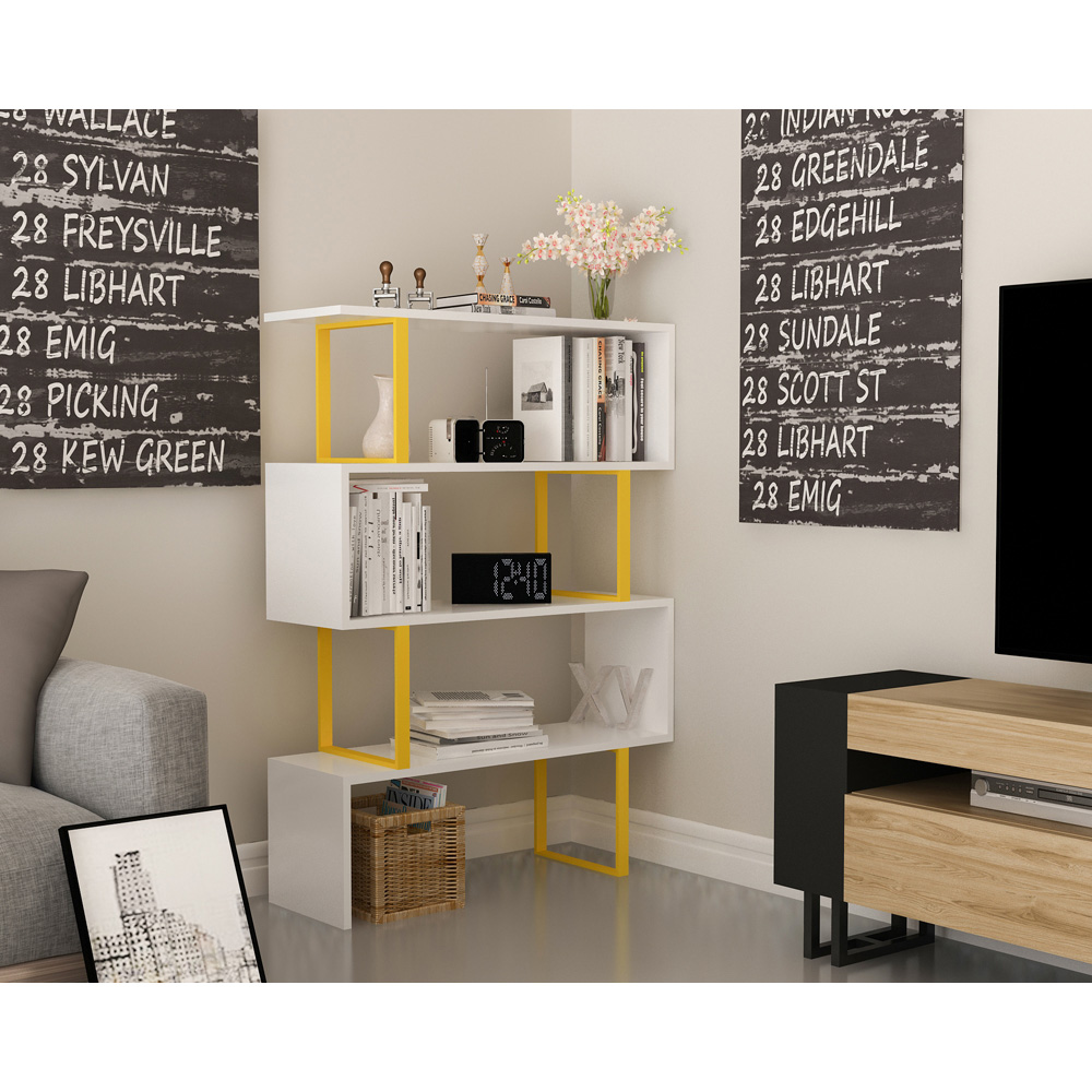 Decorotika Adriana 4 Shelf White and Yellow Geometric Bookcase Image 3