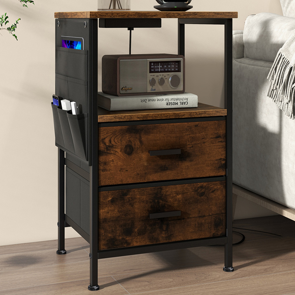 Costway 2 Drawer Single Shelf Rustic Brown Bedside Table Set of 2 Image 1