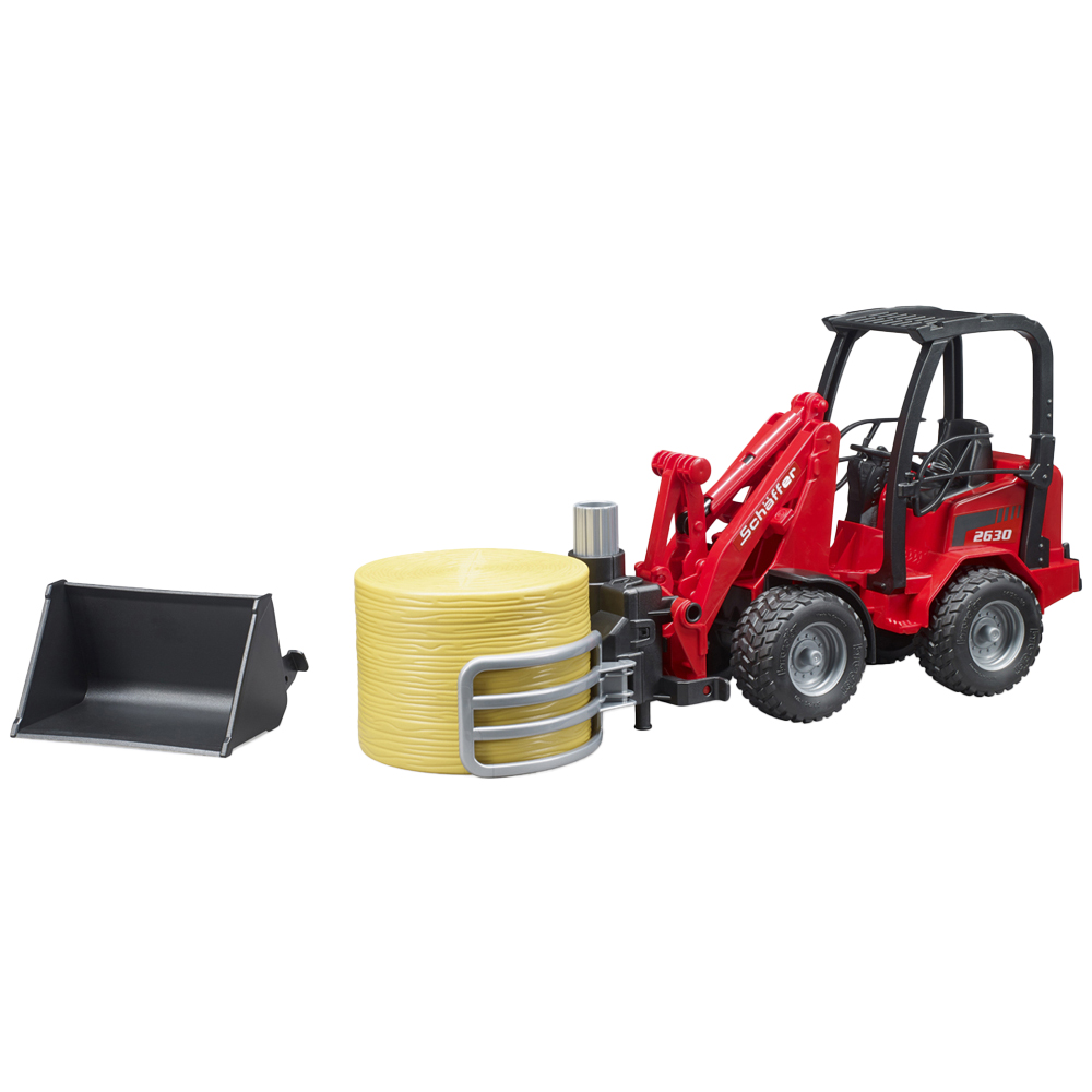 Bruder Kids Schaffer 2630 Compact Loader Playset Model with Bale Gripper and Round Bale Image 1
