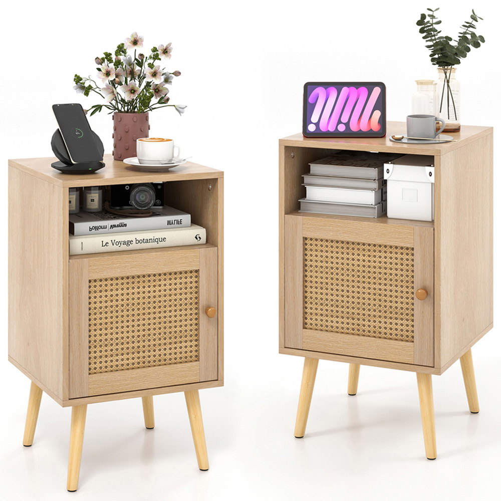 Costway Single Door Single Shelf Natural Rattan Nightstand Set of 2 Image 3