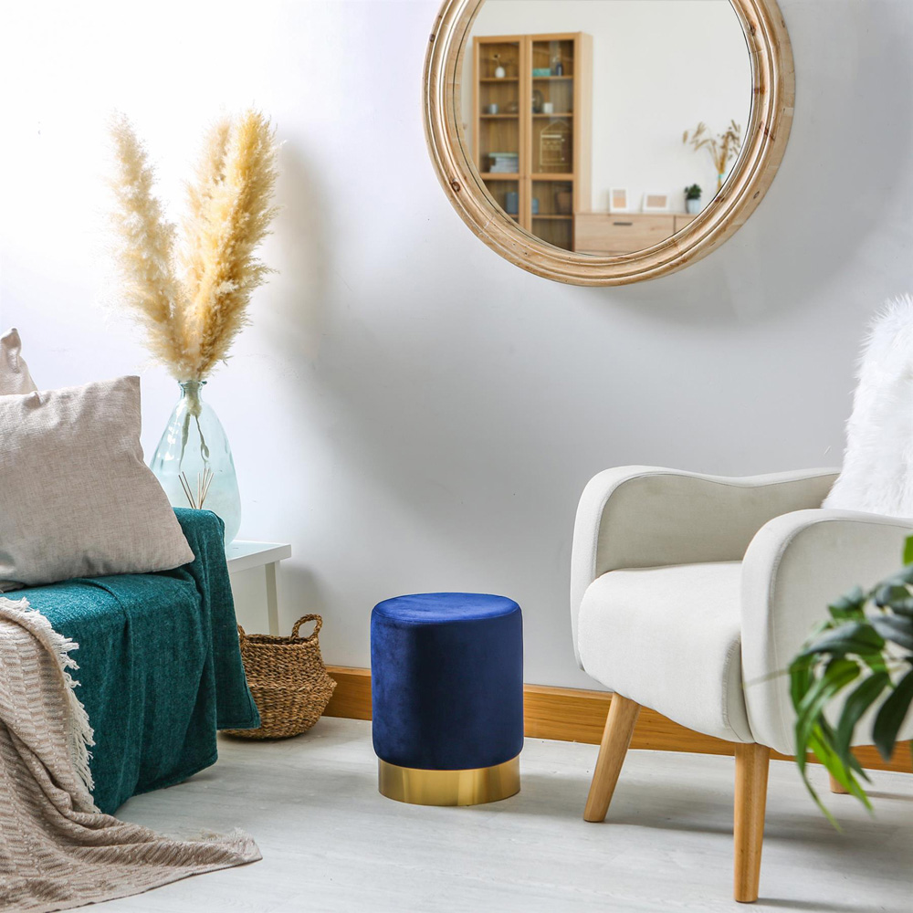 Harbour Housewares Blue Velvet Round Pouffe Image 3