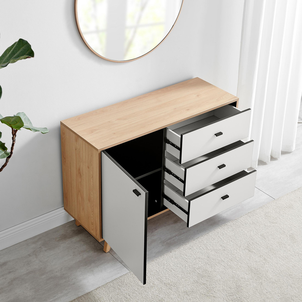 Furniturebox Billet Single Door 3 Drawer Off White and Wood Effect Medium Sideboard Image 5