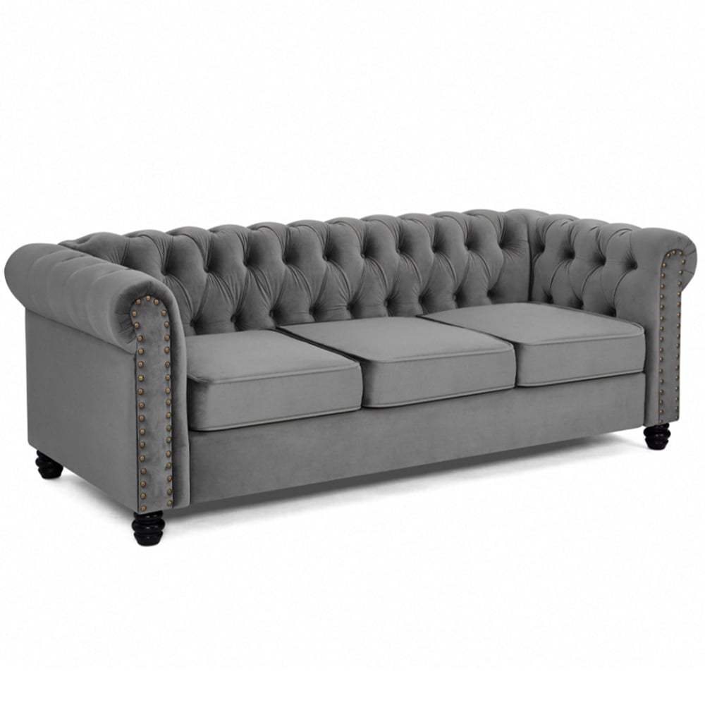 Home Detail Chesterfield 3 Seater Studded Grey Velvet Sofa Image 2