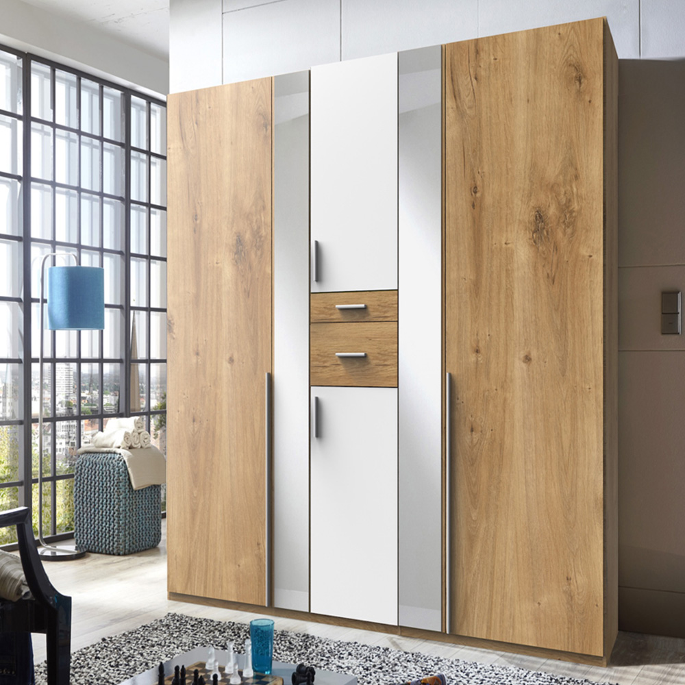 TJ'S Roma 6 Door 2 Drawer White and Planked Oak Wardrobe Image 1