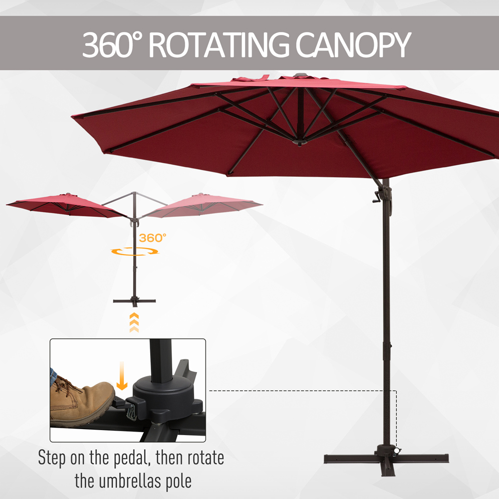Outsunny Wine Red Cantilever Hanging Parasol with Cross Base 3m Image 4
