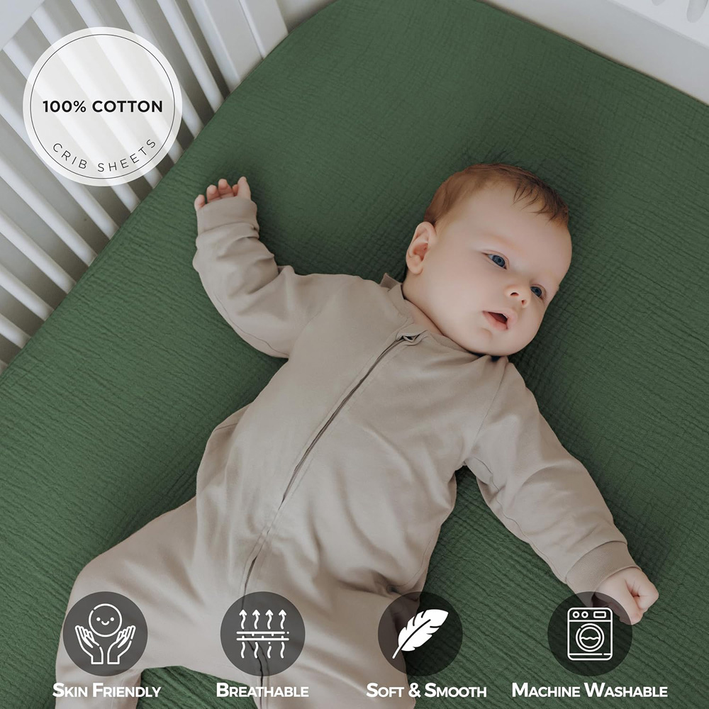 MHG Living Green Cotton Muslin Fitted Cot Bed Sheet 140 x 70cm 2 Pack Image 4