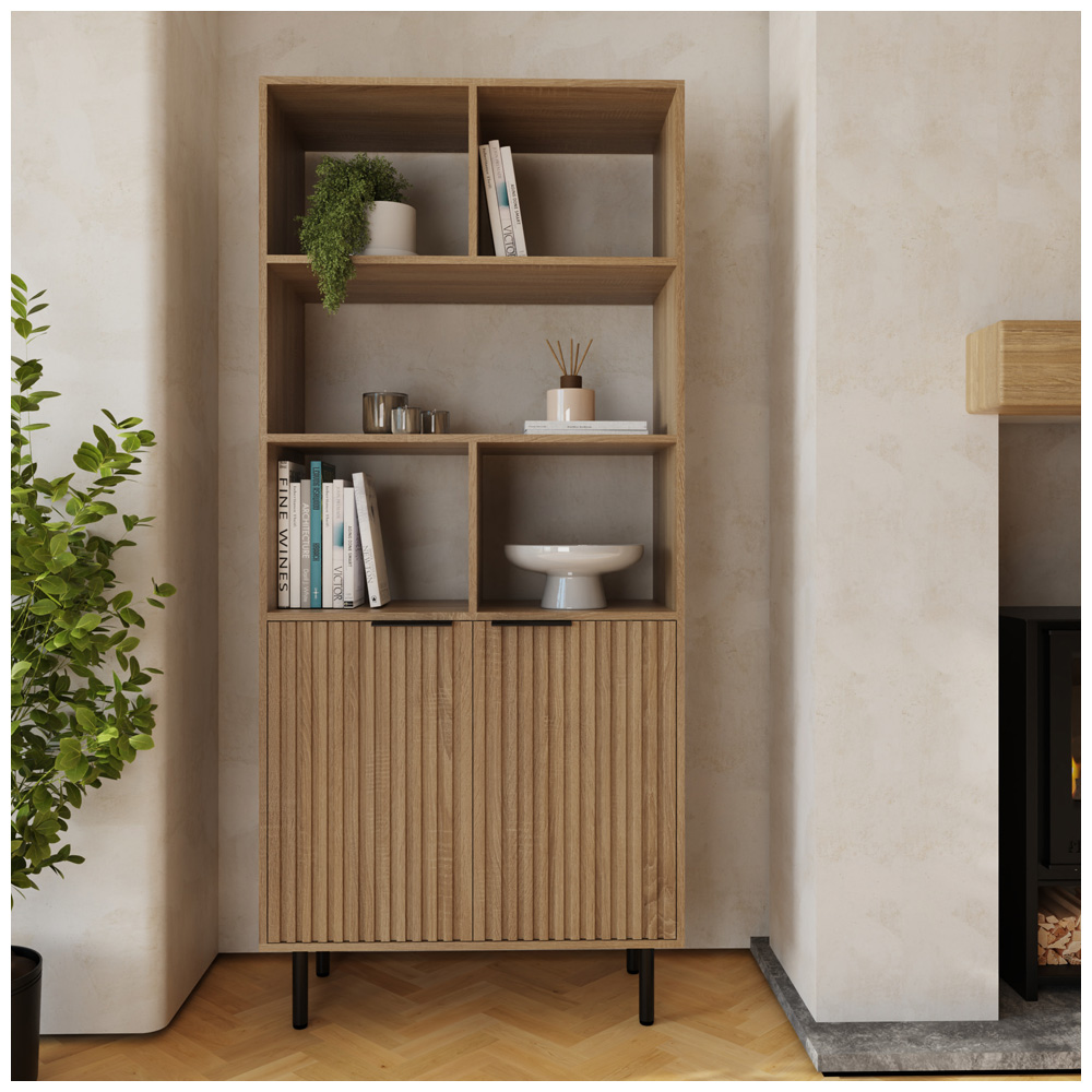 GFW Nervata 2 Door 5 Shelf Oak and Black Ribbed Tall Shelving Unit Image 8