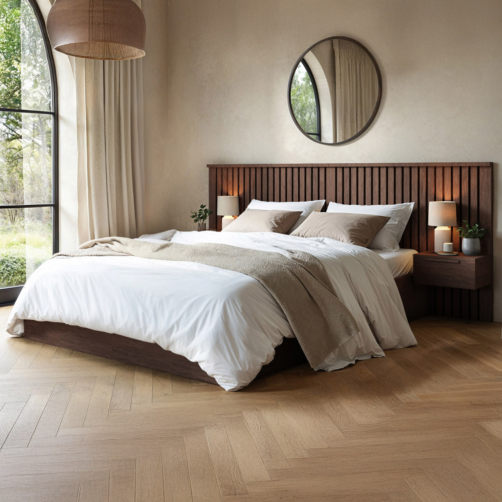 Solace+Co Taylor Double Walnut Hotel Ottoman Bed with Side Table Image 1