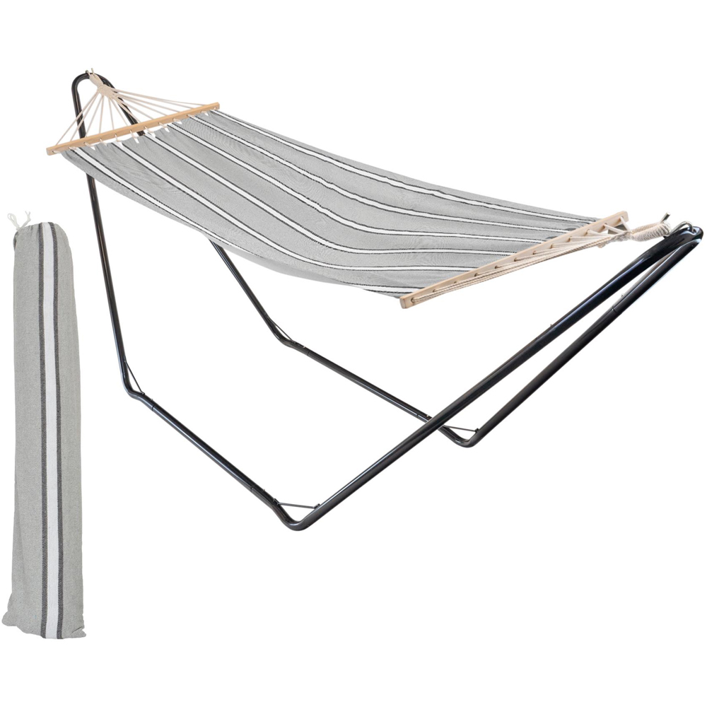 Harbour Housewares Grey and White Stripe Cotton Garden Hammock with Stand Image 2
