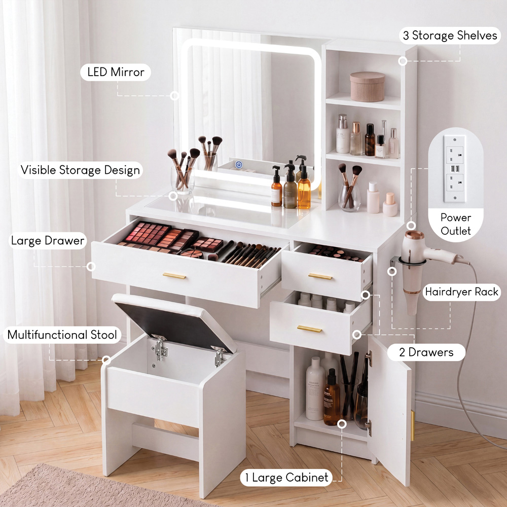 VIDA DESIGNS Clova Single Door 3 Drawer 2 Shelf White LED Dressing Table Set with Power Outlet Image 4