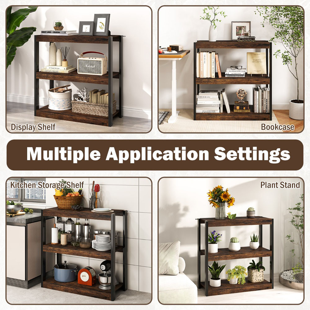 Costway 3 Tier Rustic Brown Wooden Bookcase with Dual Anti Tipping Kits Image 7