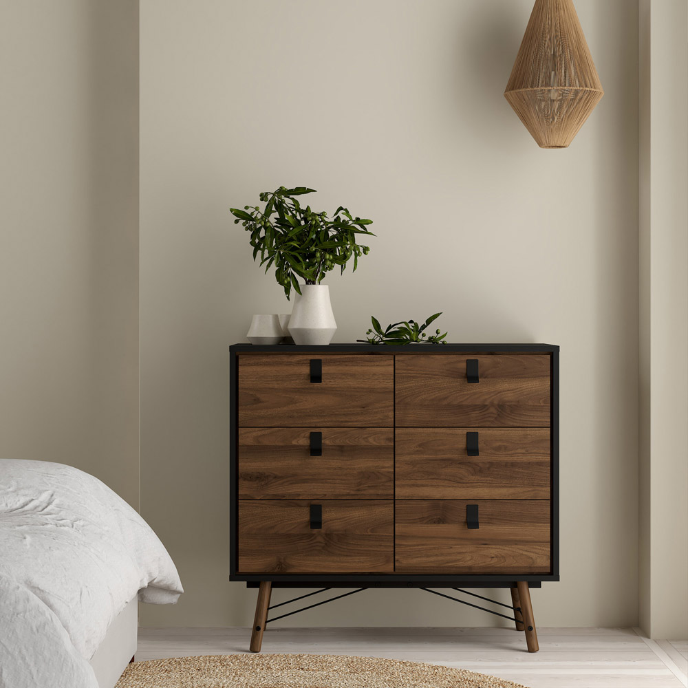 Florence Ry 6 Drawer Matt Black and Walnut Chest of Drawer Image 6