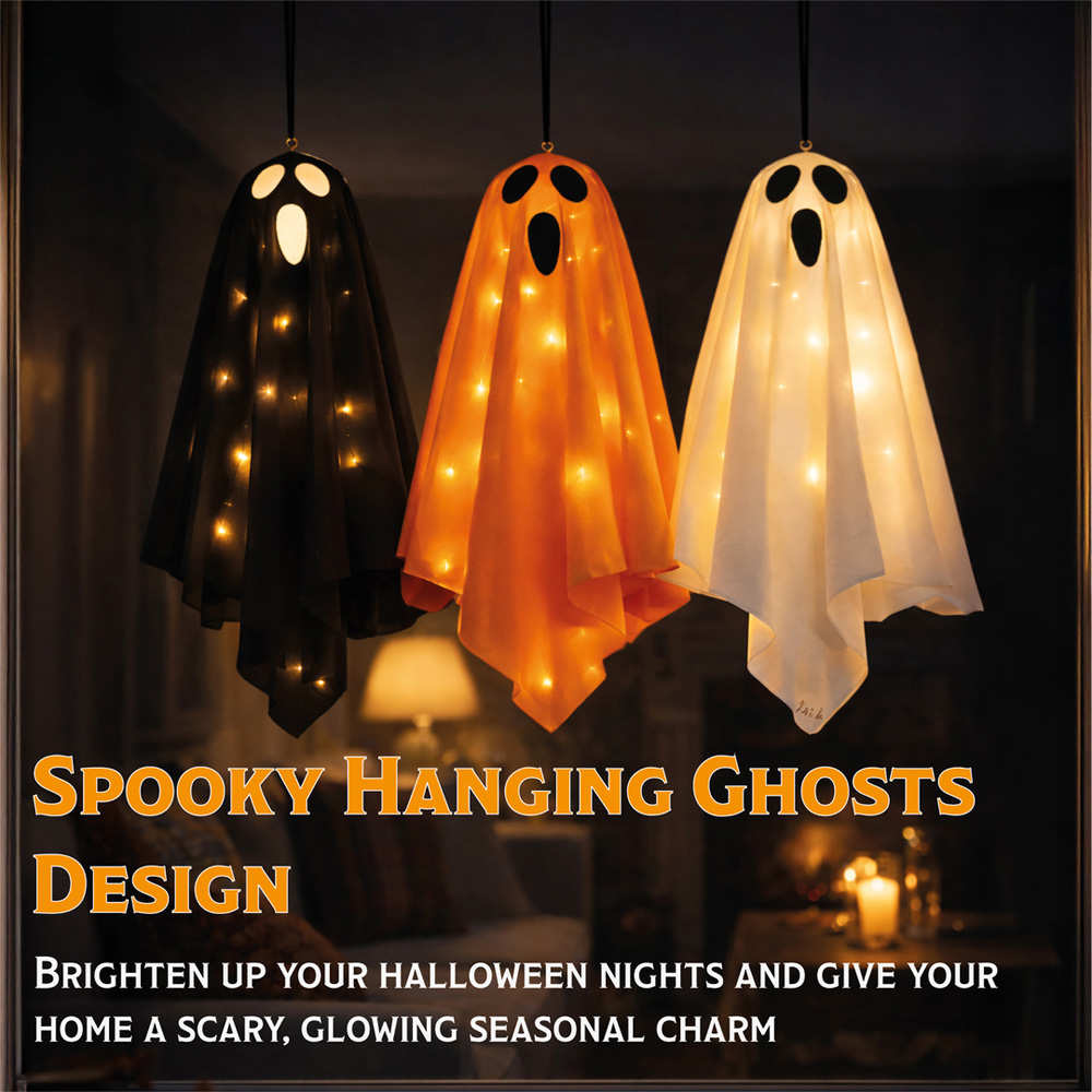 FXLab 3 Warm White LED Orange White and Black Ghost Halloween Decoration Set of 3 Image 3