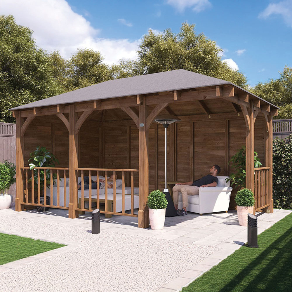 Dunster House Leviathan 5 x 3m Brown Corner Garden Gazebo with Wooden Roof Shingles Image 1
