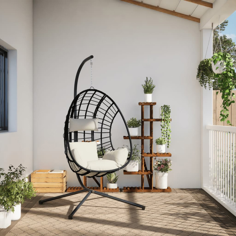 vidaXL Beige Rattan Hanging Egg Chair with Stand and Cushions Image 6