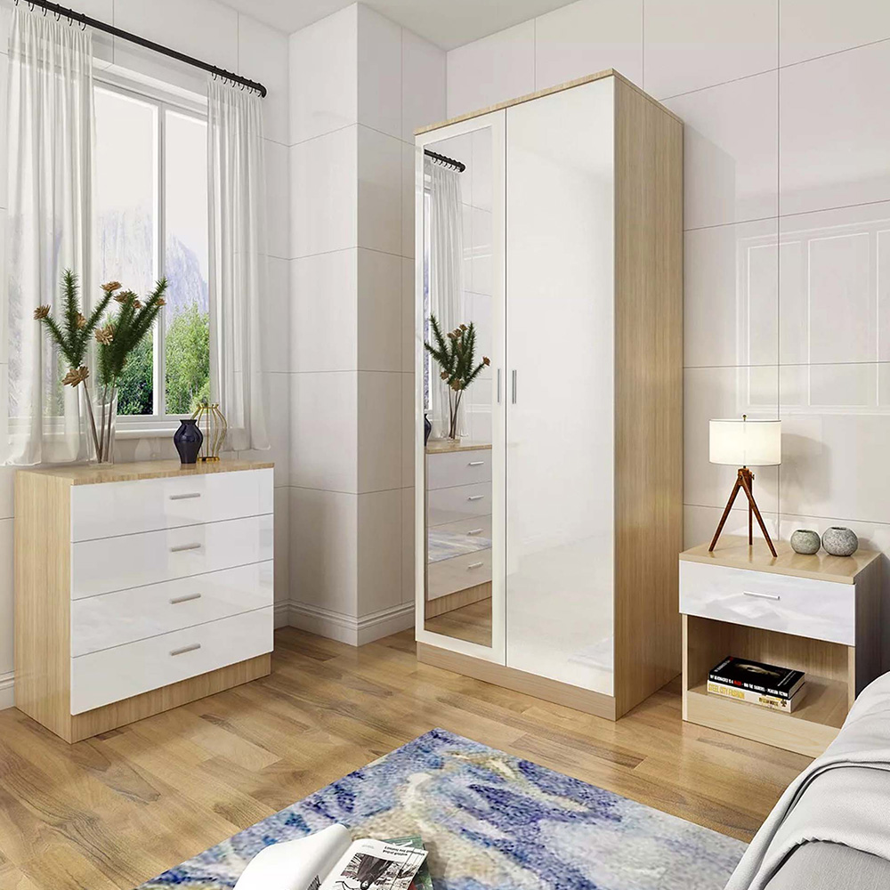 Brooklyn 3 Piece Oak and White High Gloss Bedroom Furniture Set Image 1