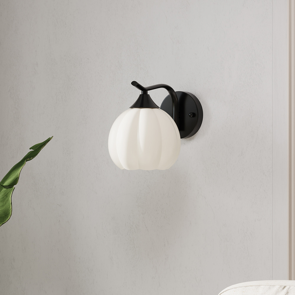 Living and Home Petal-Shaped White Glass Shade Black E27 Wall Lamp Image 2