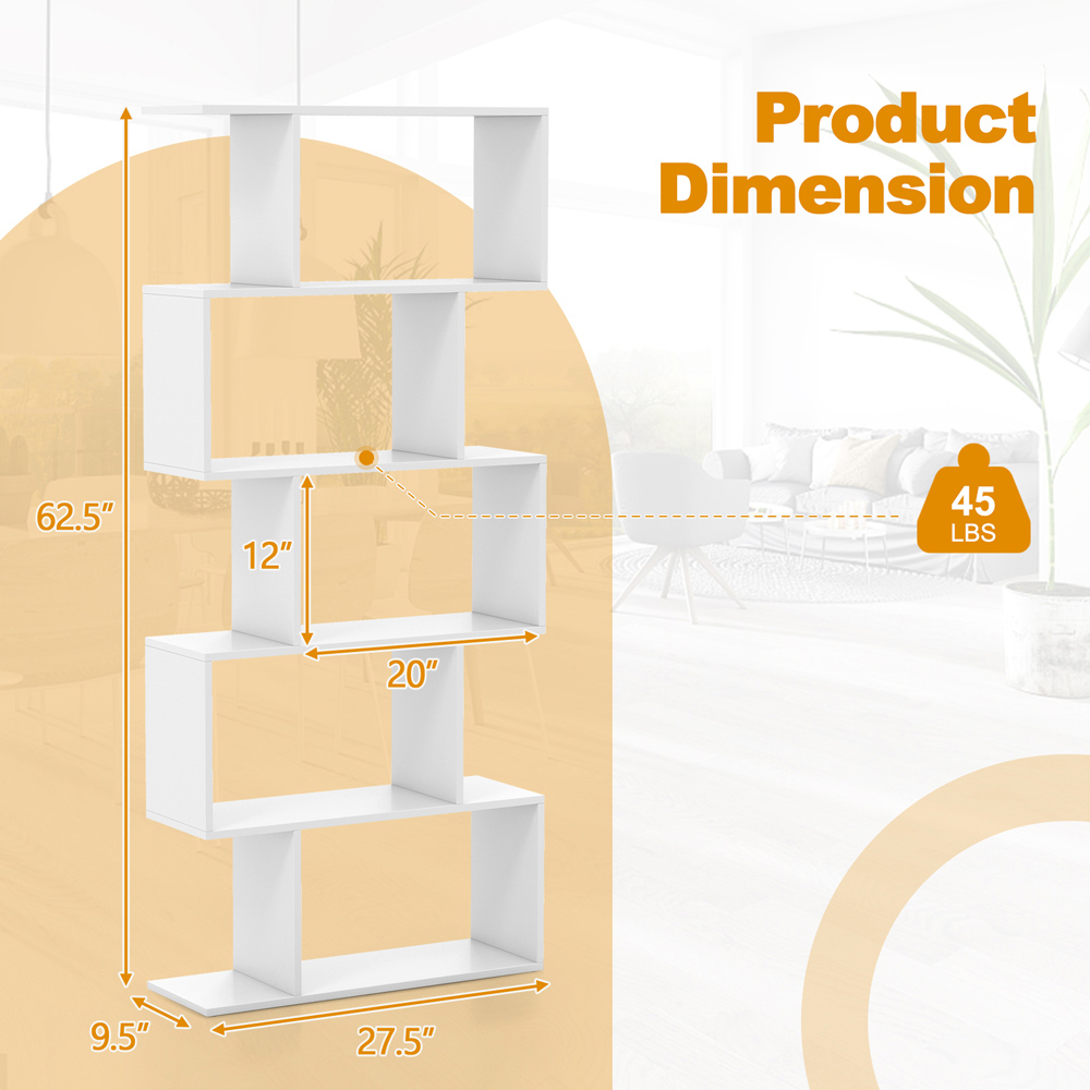 Costway 5 Shelf White S Shaped Bookcase Image 9