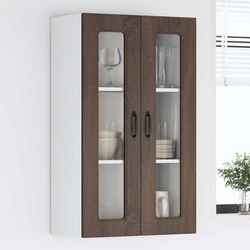 vidaXL 2 Glass Door Brown Oak Kitchen Wall Cabinet Image 1