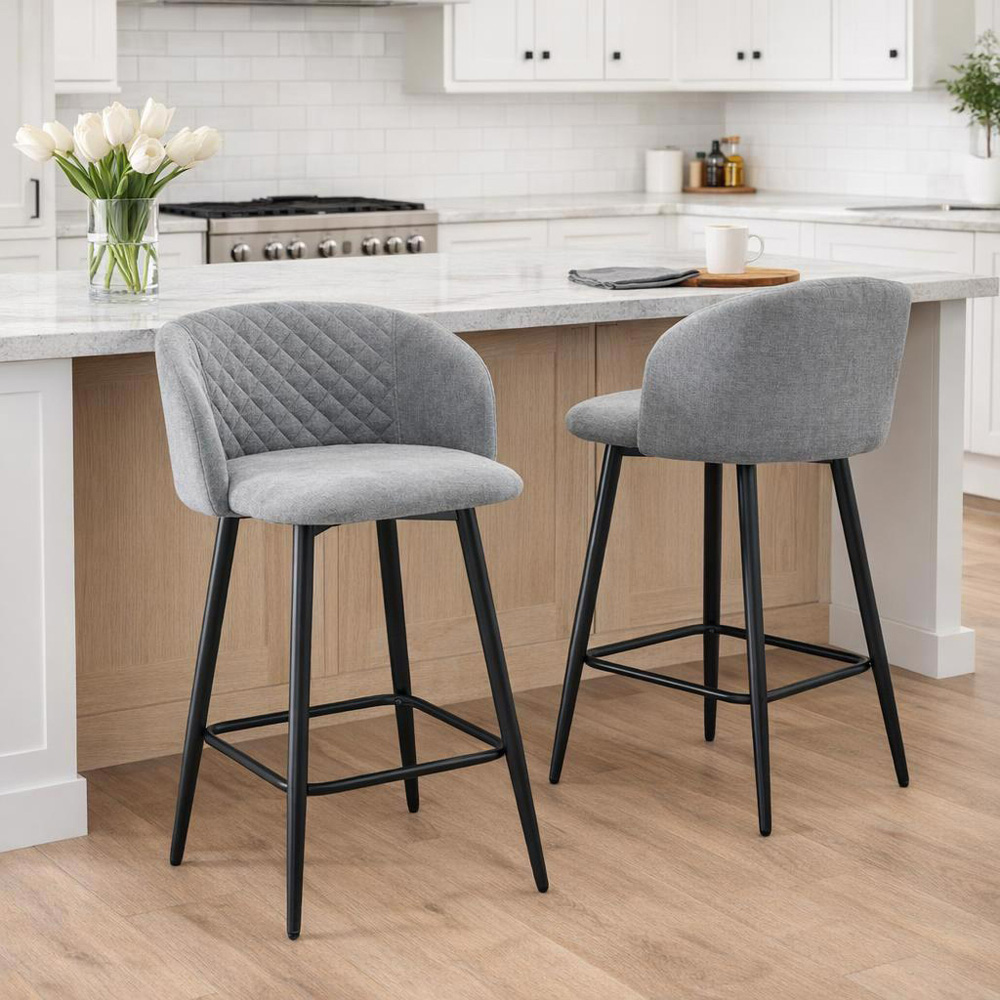 FWStyle Amara Set of 2 Grey Linen Upholstered Swivel Bar Dining Chair Image 4