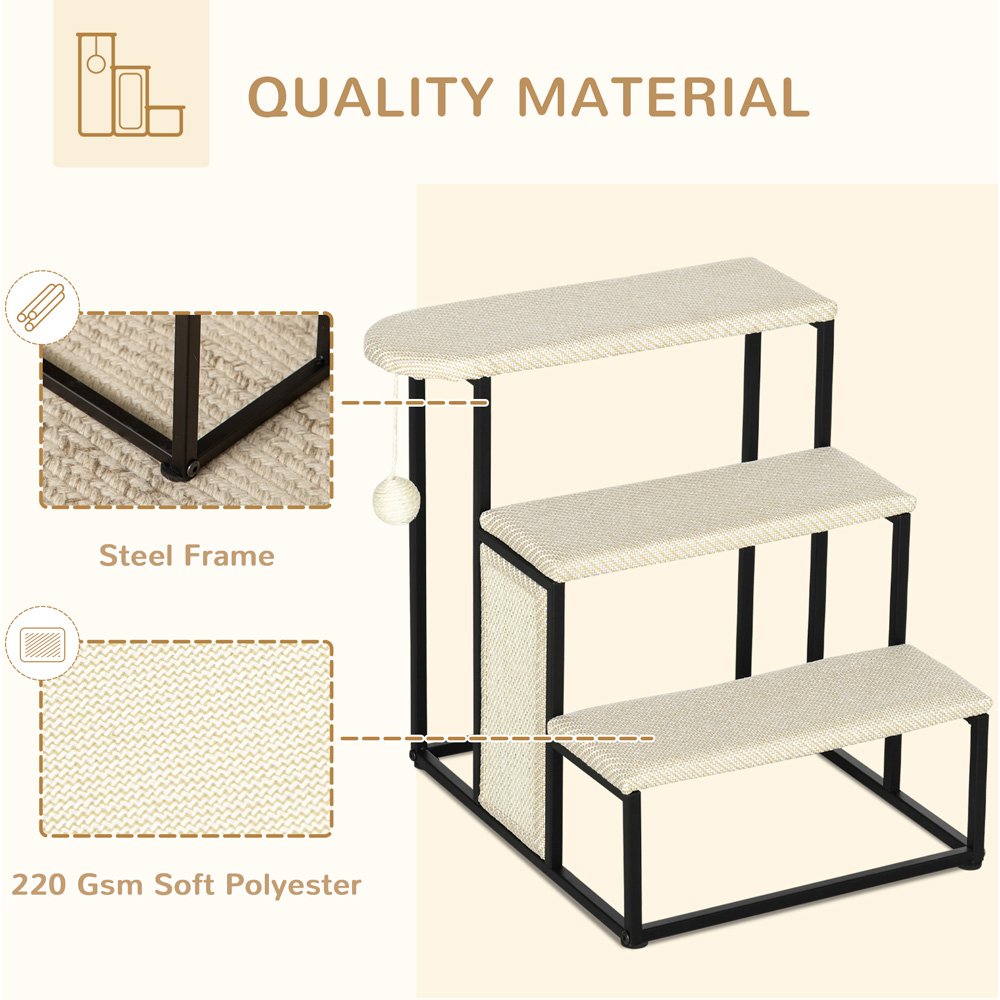 PawHut Cream 3 Step Pet Stairs with Sisal Scratching Board and Hanging Ball Image 4