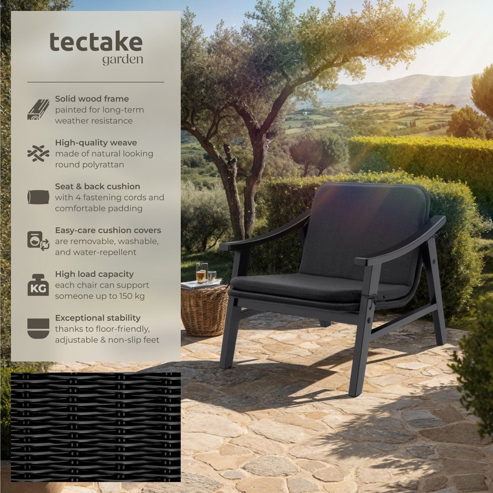 tectake Black Rattan and Varnished Wood Lounge Arm Chair Image 6