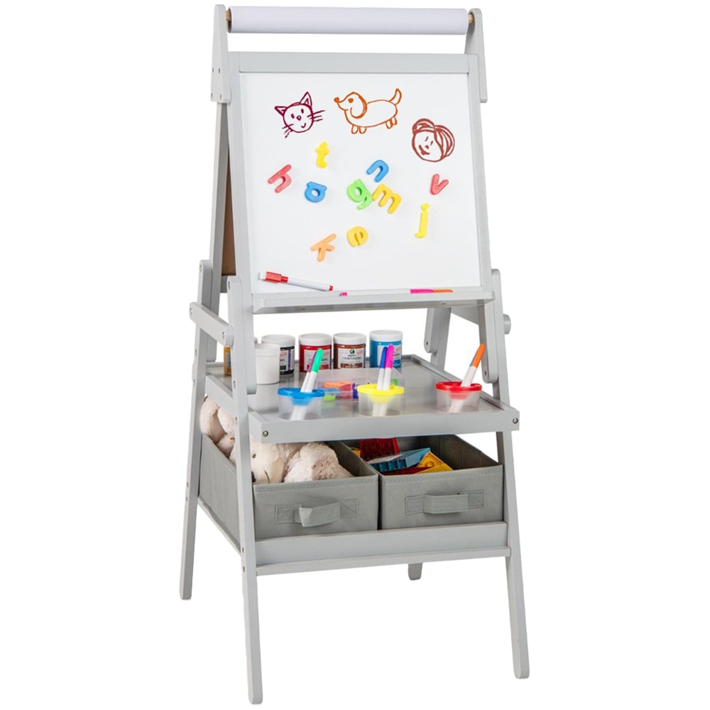 Costway Kids Grey Double Sided Easel with Magnetic Whiteboard and Chalkboard Image 1
