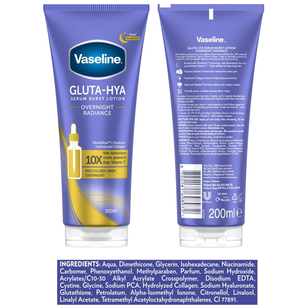 Vaseline Gluta-Hya Overnight Radiance Serum Burst Repairing Body Lotion 200ml 3 Pack Image 8