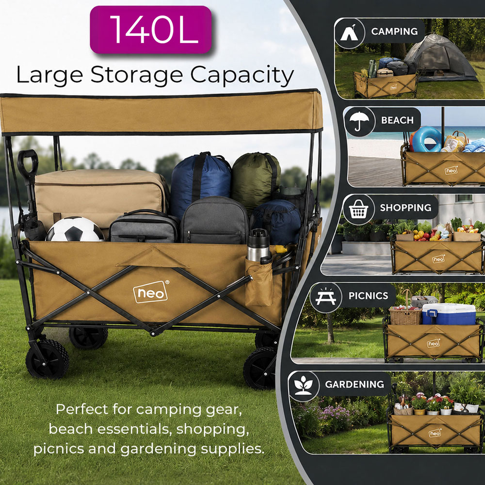 Neo Direct 140L Khaki Heavy Duty Folding Garden Trolley Cart with Canopy Image 6