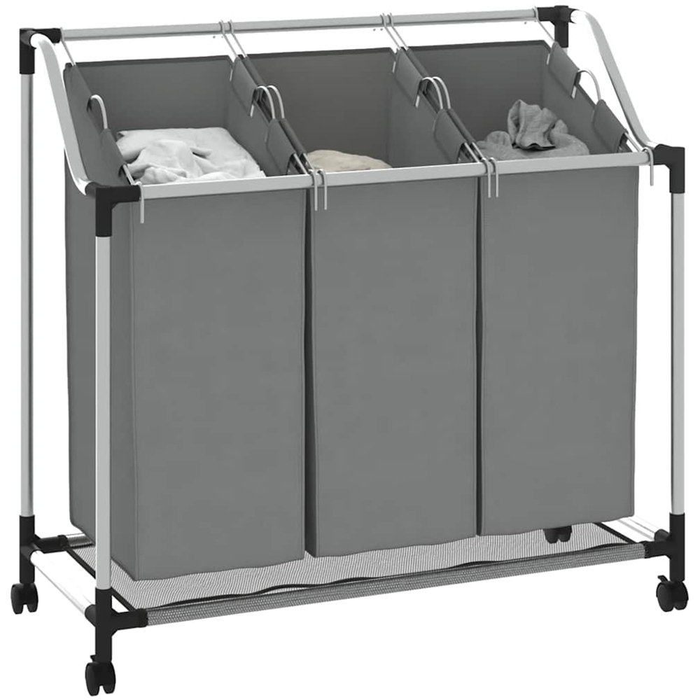 vidaXL 3 Compartment Grey Laundry Basket with Wheels 96 x 40 x 92cm Image 3