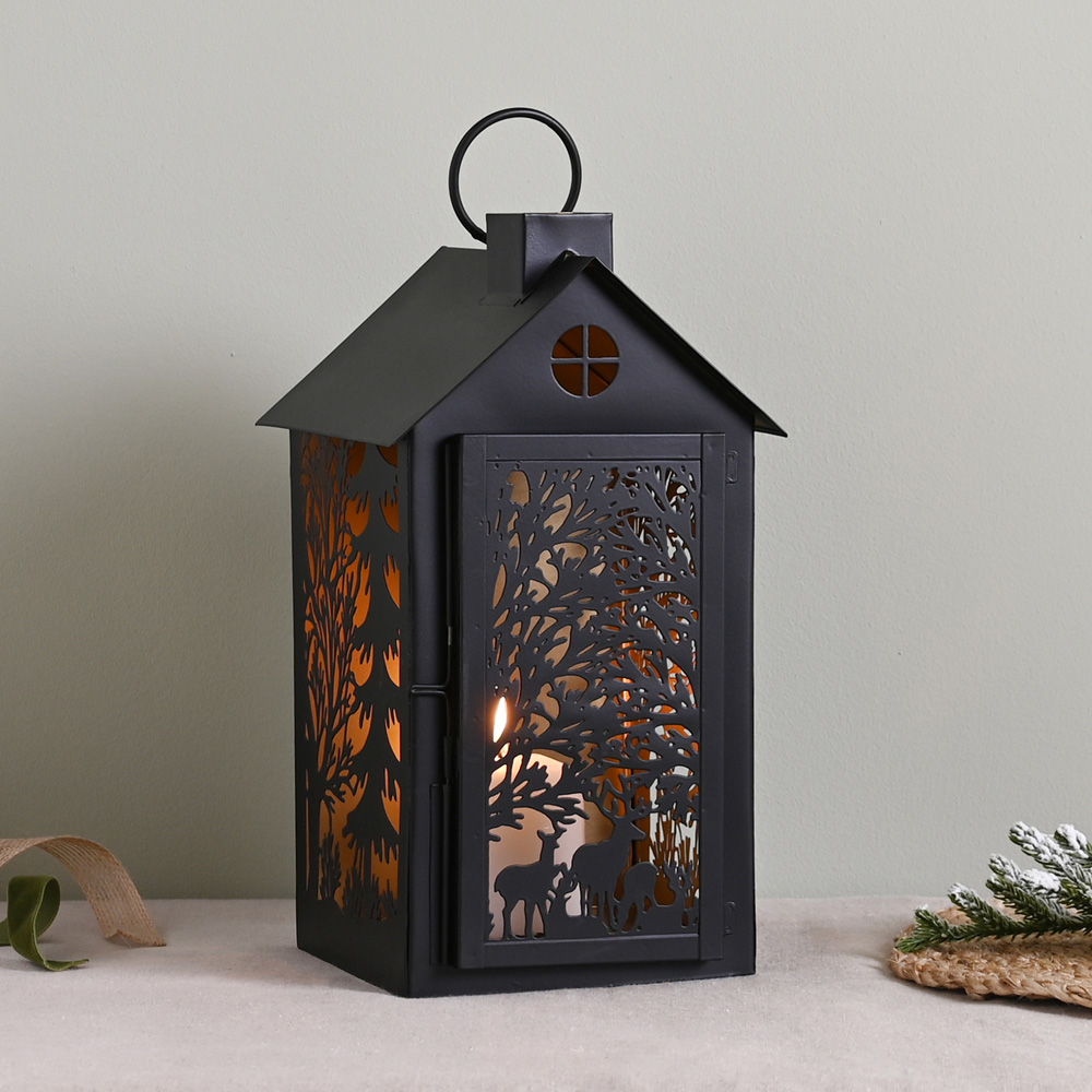 The Christmas Gift Co Black Medium Stag Silhouette House Lantern Image 1