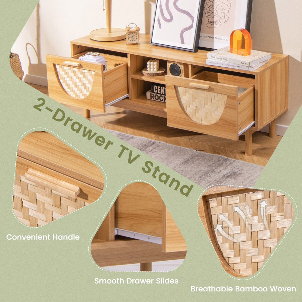 Costway 2 Drawer 2 Shelf Natural Bamboo Woven TV Unit Image 6