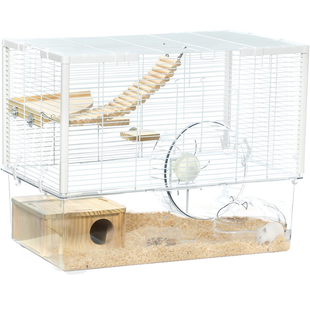 PawHut White and Natural Hamster Cage with Wooden Ramp and Exercise Wheel Image 1